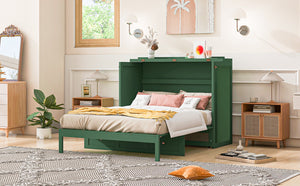English Elm Full Size Murphy Wall Bed Cabinet with Rattan Panel Detailing and Storage Drawers Green N708P336203F