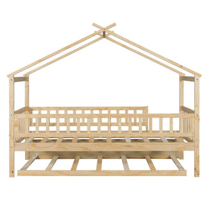 English Elm Twin House Bed with Trundle Solid Pine Frame Walnut Kids Bedroom Sleepover N708P357115N