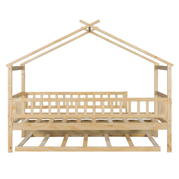 English Elm Twin House Bed with Trundle Solid Pine Frame Walnut Kids Bedroom Sleepover N708P357115N