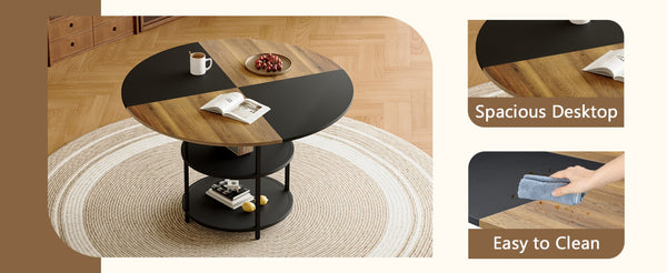 English Elm Table and Chair Set Round Geometric Mdf Dining with Storage Shelf and 6 Fabric Seats W1151S04077