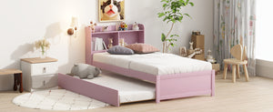 English Elm Twin Pink Trundle Bed with Bookcase Headboard — Space-Saving Twin Bed for Small Rooms, Storage Friendly W504P317860