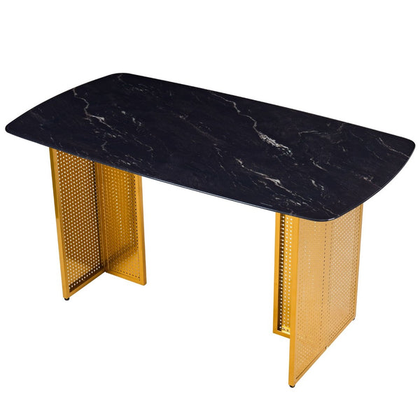 English Elm Modern-style Marble Glass Dining Table Seats Six with Sleek Black Metal Legs W5123P397514