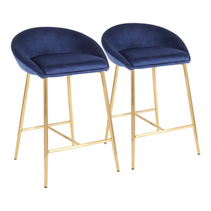 English Elm Matisse Glam 26" Counter Stool Set of 2 - Blue Velvet Seat, Gold Trestle Metal Base, Fixed Height Chic B202P222084