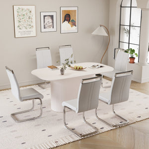 English Elm 63 Inch Mdf Dining Table and Six Pu Leather Chair Set for Modern Interiors W2189S00883