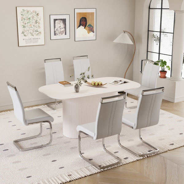 English Elm 63 Inch Mdf Dining Table and Six Pu Leather Chair Set for Modern Interiors W2189S00883
