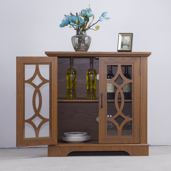 English Elm Elegant Mirrored Sideboard with Butterfly Carved Doors Wood Grain Finish Dining Storage Dark Oak W2899P372743