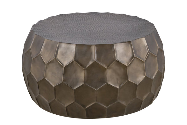 English Elm Modern Round Hand-Hammered Aluminum Coffee & End Table Set — Hexagonal Patterned Artisanal Design Gold B009S01529