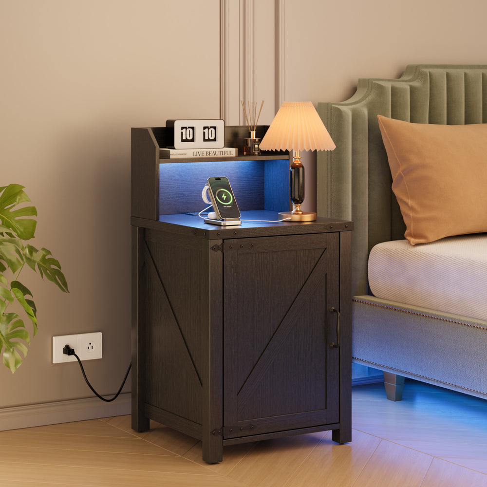 English Elm OKD Farmhouse Nightstand with Built-In Charging Station, Barn Door Accent, Adjustable Storage Shelf and Sturdy Frame Black W1550P311285