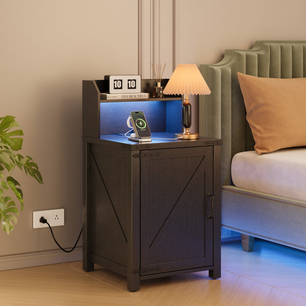 English Elm OKD Farmhouse Nightstand with Built-In Charging Station, Barn Door Accent, Adjustable Storage Shelf and Sturdy Frame Black W1550P311285