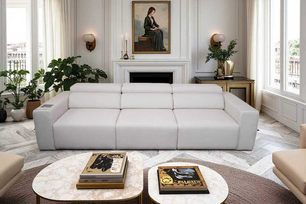 English Elm Power Reclining Sofa with Bluetooth Speakers Wireless Charging and Smart Home Theater Seating Light Grey W3795S00010