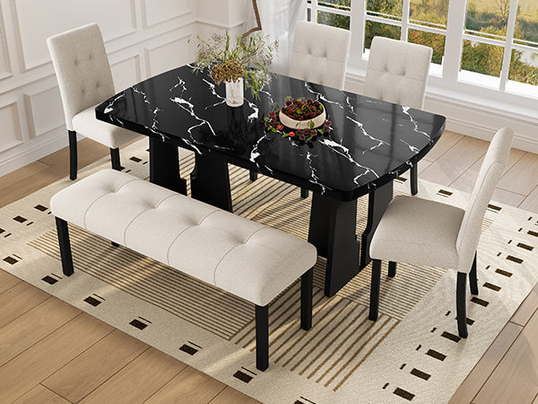 English Elm 6 Piece Dining Set with Rectangular Solid Wood Table, Upholstered Chairs & Bench, Rustic Charm, Easy Assembly, Seats 6 Beige,Black N752S000011A