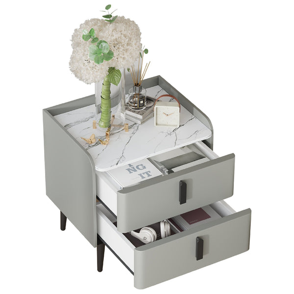 English Elm Nightstand with Marble-Pattern Top and Raised Guard, 2 Drawers for Organized Stylish Bedroom Decor Gray 23.4 L x 18.5 W x 9.06 H N733P332142E