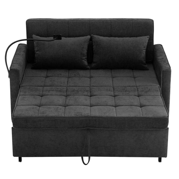 English Elm 56.9" Loveseat Sofa Bed with Chenille Upholstery, USB Ports, Phone Holder, Side Pockets, Reclining Backrest Black N719P208853B
