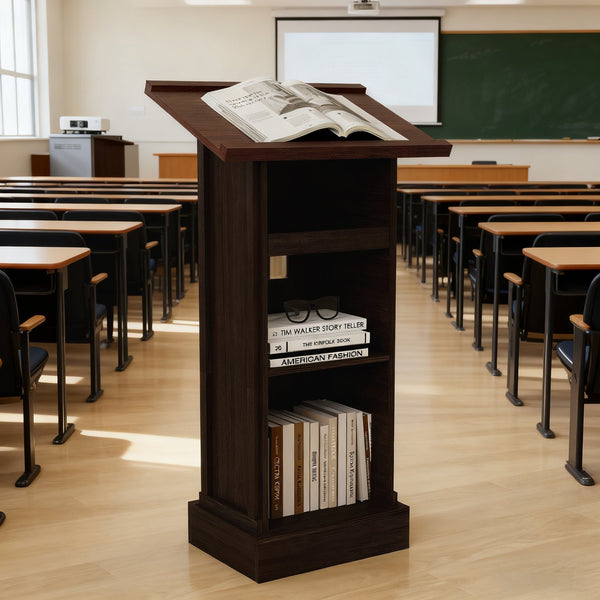 English Elm Wood Podium Stand 44" Tall Rustic Lectern with Mic Space, Sliding Shelf, Cup Holder & Sturdy Build W1120P330144