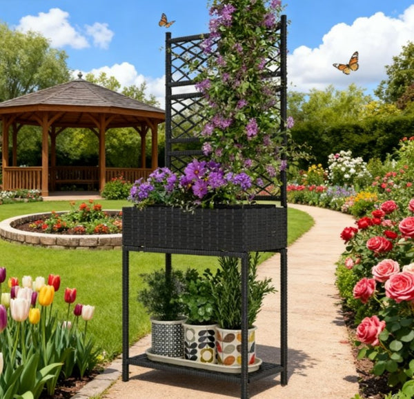 English Elm Freestanding Outdoor Pe Rattan Vertical Planter with Built-in Trellis and Storage Shelf T3971P423758