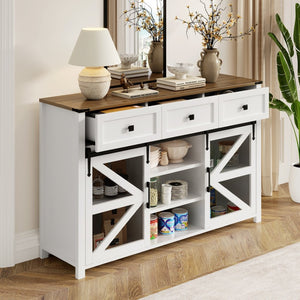 English Elm U_style Industrial Sideboard with Sliding Barn Doors Iron Mesh Panels and Three Drawers White N711P347384K