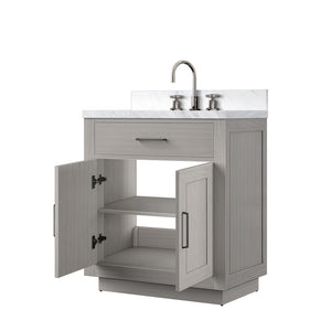 English Elm White Oak Single Bath Vanity With Carrara Marble Top, Chrome Gooseneck Faucet, And Soft-Close Drawers B2731P257663-GIGA