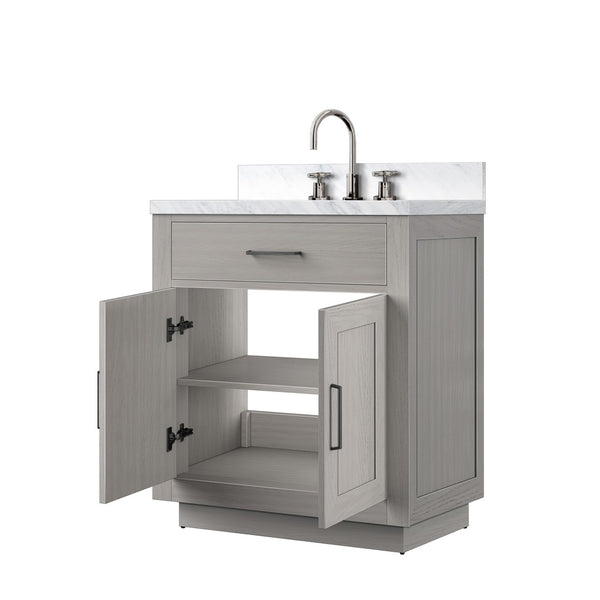 English Elm White Oak Single Bath Vanity With Carrara Marble Top, Chrome Gooseneck Faucet, And Soft-Close Drawers B2731P257663-GIGA