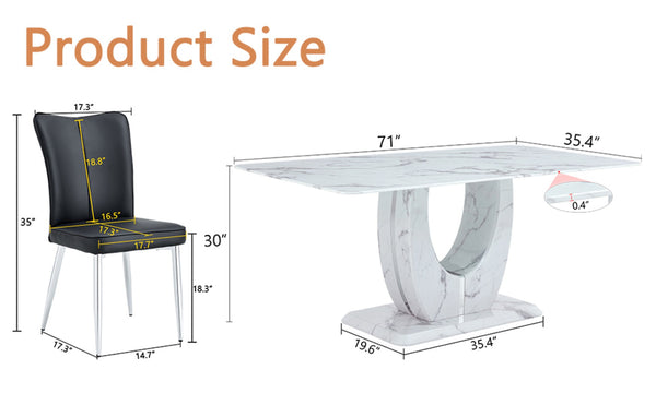 English Elm Table Modern Marble Pattern Dining Set - 71"X35.4" Tempered Glass Table With 8 Stylish Black Chairs W1151S02126-GIGA