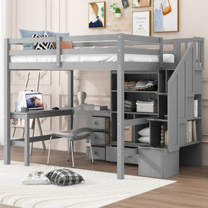English Elm Full Full Size Loft Bed with L-Shaped Desk, Drawers, Cabinet and Staircase Storage for Space-Saving Rooms Gray GX000469AAE