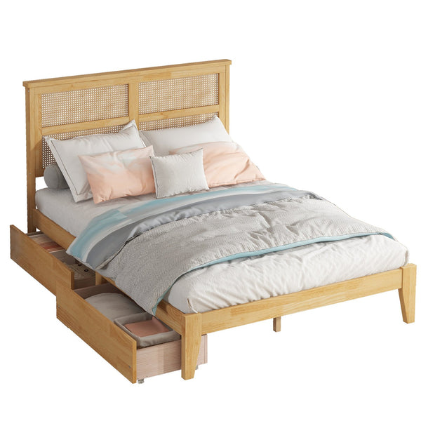English Elm Full Full Size Bed with Rattan Headboard and Two Underbed Storage Drawers, Rubberwood Slat Support White Oak W504P269606