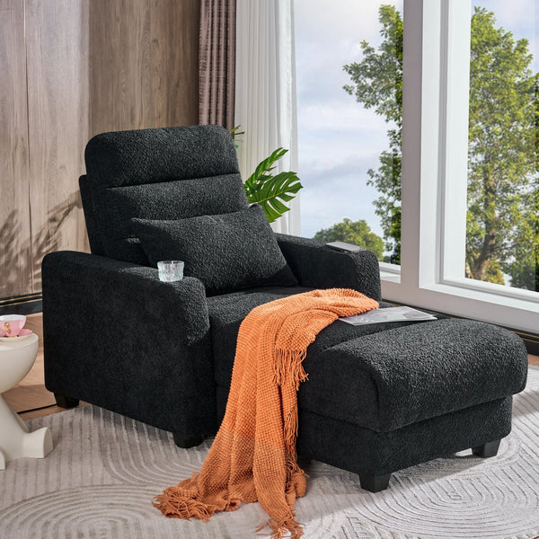 English Elm Electric Lounge Chair with Adjustable Backrest, Lambswool Upholstery, Wireless Charger & Cup Holder Black W2817P255603