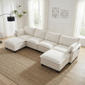 English Elm Modern Chenille Three Seat Sofa with Ottoman Usb Charging Ports and Storage Pockets Beige White W2519S00001