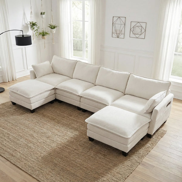 English Elm Modern Chenille Three Seat Sofa with Ottoman Usb Charging Ports and Storage Pockets Beige White W2519S00001