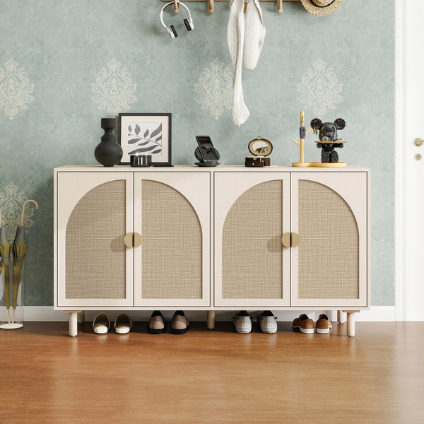 English Elm 4 Engineered Rattan 4-Door Storage Cabinet with Pine Feet, Moisture-Proof Durable Finish, Sleek Handles Natural W688134377