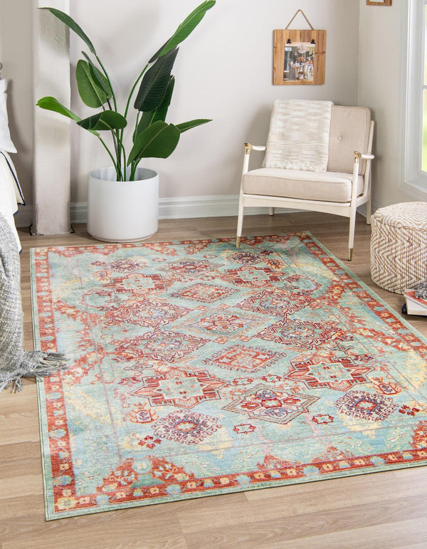 Unique Loom Austin Cavatina Machine Made Border Rug Green, Burgundy/Gray/Light Blue/Peach/Puce/Yellow 7' 0" x 9' 10"