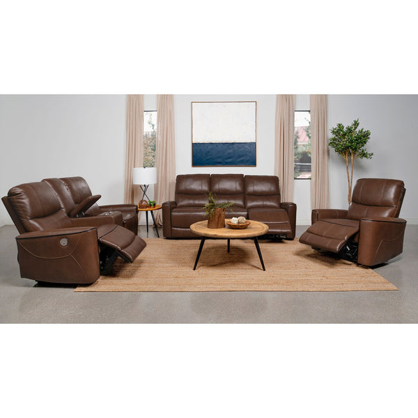 English Elm Denson Saddle Brown Power Reclining Loveseat with Console, Cup Holders & Easy-Care Leatherette Comfort B062P353262