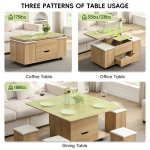 English Elm Christopher Knight Home® - Multi-Functional Lift-Top Coffee Table with Hidden Storage, 4 Stools, Lockable Casters & Desk Space Natural+White N770P309783N