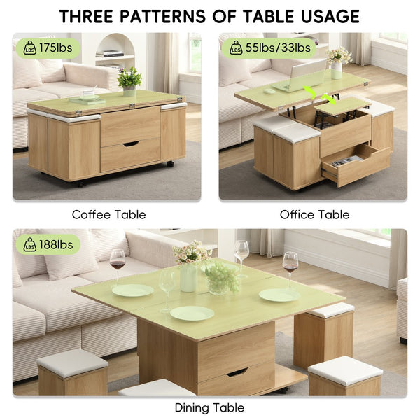 English Elm Christopher Knight Home® - Multi-Functional Lift-Top Coffee Table with Hidden Storage, 4 Stools, Lockable Casters & Desk Space Natural+White N770P309783N