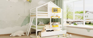 English Elm Twin Playhouse Bunk Bed Pinewood Frame with Pitched Roof Window Shelf and Storage Drawers White LT001608AAK-1
