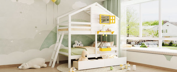 English Elm Twin Playhouse Bunk Bed Pinewood Frame with Pitched Roof Window Shelf and Storage Drawers White LT001608AAK-1