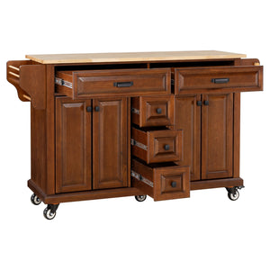 English Elm Kitchen Island durable rubberwood countertop kitchen cart on casters with towel rack, spice shelf, 5 drawers and adjustable shelving for organized meal prep and mobility Mahogany W914S00004