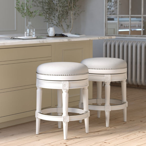 English Elm 26in. Faux Leather Swivel Barstool Nailhead Trim Carved Wood Counter Height Kitchen White B2751P436438