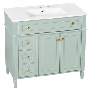 English Elm 36 Inch Freestanding Bathroom Vanity Sage Pine Cabinet Gold Hardware Ceramic Sink Green N725P366468G