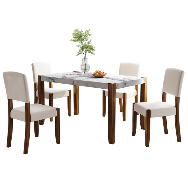 English Elm 5-Piece Counter Height Dining Set with Faux Marble Top and Upholstered Seats, Mid-Century Pub Charm Beige+Brown,White N752S000885K