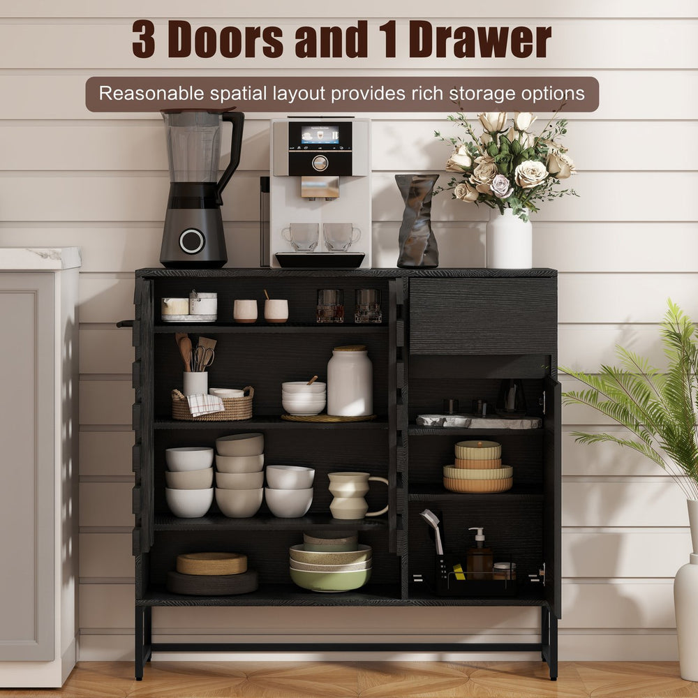 English Elm Buffet Black Woven Arched Door Sideboard with Adjustable Shelves, Metal Legs, Drawer, Entryway-Friendly W2977P338264