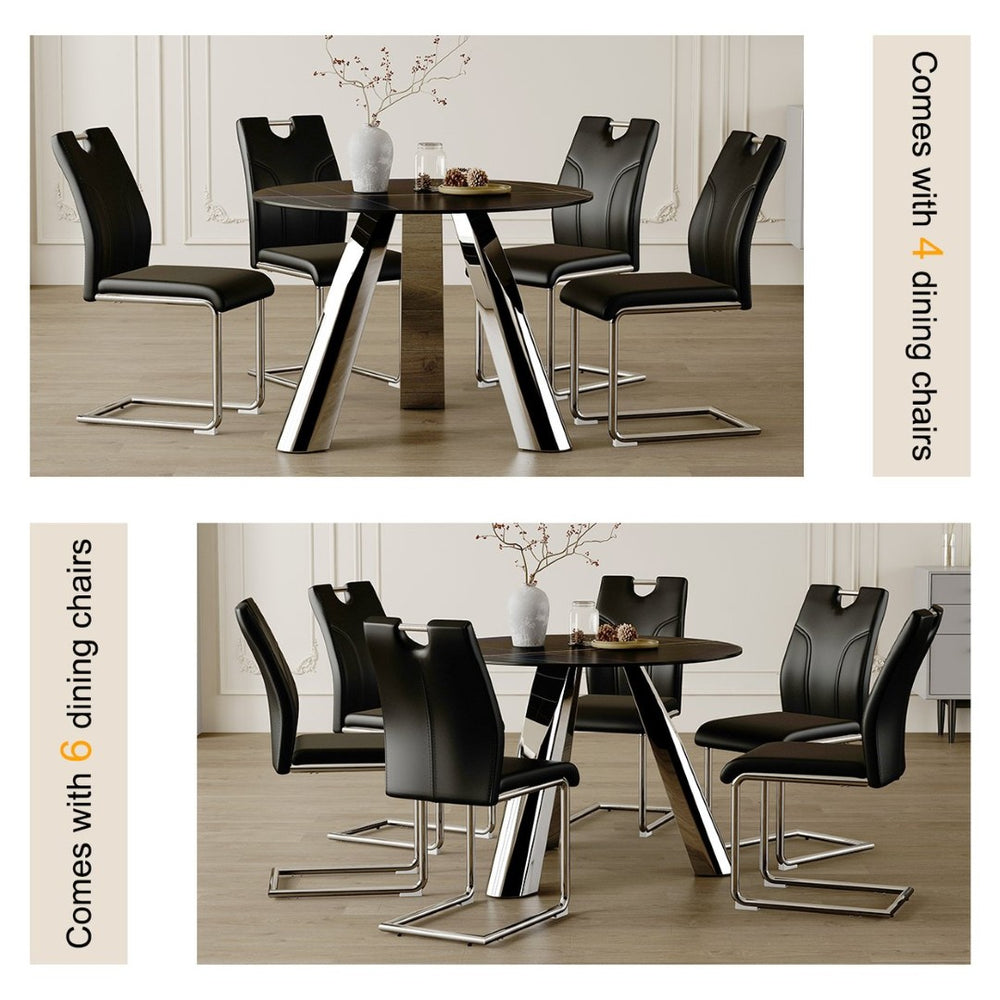 English Elm Table 5-Piece Dining Set: Contemporary Round Sintered Stone Top With 4 Stylish Black Chairs & Legs W2920S00017-GIGA