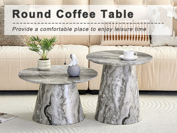English Elm Nested Round Coffee Table Set with Wood Grain Mdf Top for Modern Living Rooms Grey W2920S00117