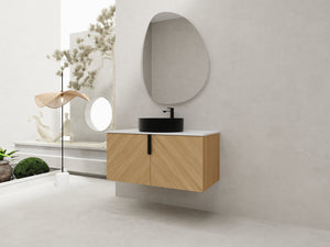 English Elm 36" Bathroom Vanity With Ceramic Vessel Sink & White Stone Top - Modern Wall-Mounted Design, Soft-Close Doors W999S00449