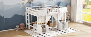 English Elm Full Loft Bed With Bookshelf & Storage - Amusement Park Design, Safety Guardrails, Cozy White Finish W1580S00358