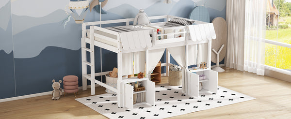 English Elm Full Loft Bed With Bookshelf & Storage - Amusement Park Design, Safety Guardrails, Cozy White Finish W1580S00358