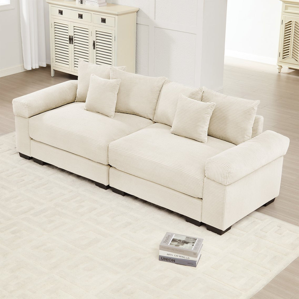 English Elm 92" Oversized Cloud Modular Sectional Couch in Cream Corduroy — Deep Seating, Wide Armrests, Modular Ottoman Flexibility (96) W714S01284