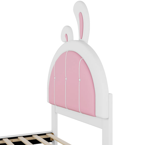 English Elm Twin Upholstered Platform Bed with Ribbit Headboard, White Pink Ears, Low-Profile Modern Frame, Cute WF323763AAK