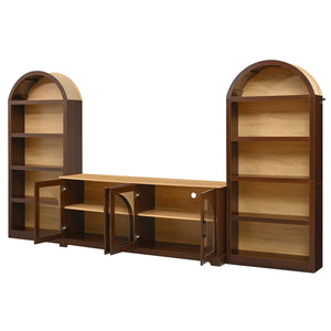 English Elm 3-piece Farmhouse Entertainment Center with Arched Glass Doors and Open Tower Shelving Walnut N721S000070P