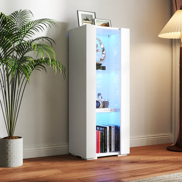 English Elm Storage Cabinets Wall or Floor-Mount with LED Aluminum Strip Light, Glass Shelves, Space-Saving Decor W331P251042