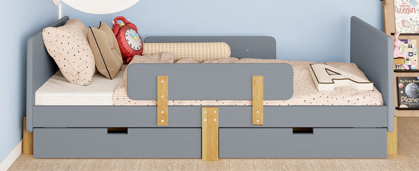 English Elm Twin Low Profile Kids Floor Bed Pine Wood Frame with Safety Rail and Built in Bookshelf Gray W1580P373243